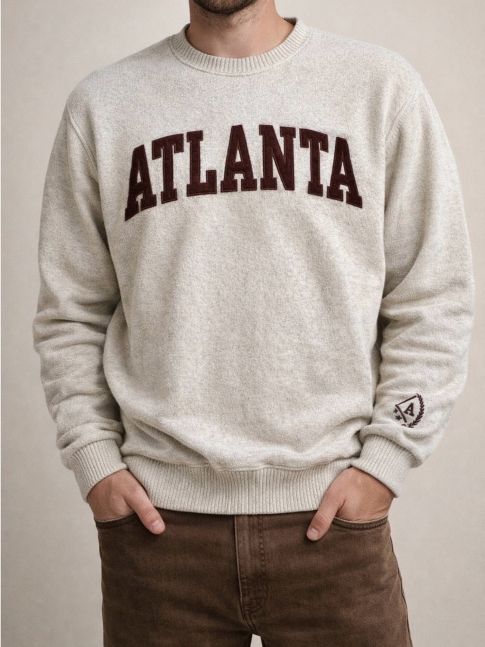 New York Popular Atlanta Crewneck Sweatshirt Oatmeal Brown Men’s Size L
